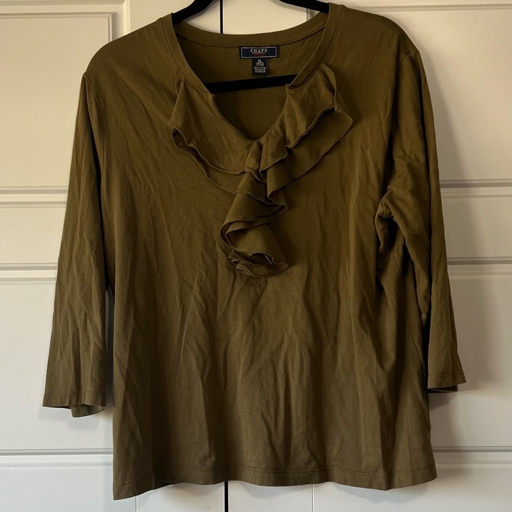 Chaps Olive Green Ruffle Neck 3/4 Sleeve Top Blouse‎ XL